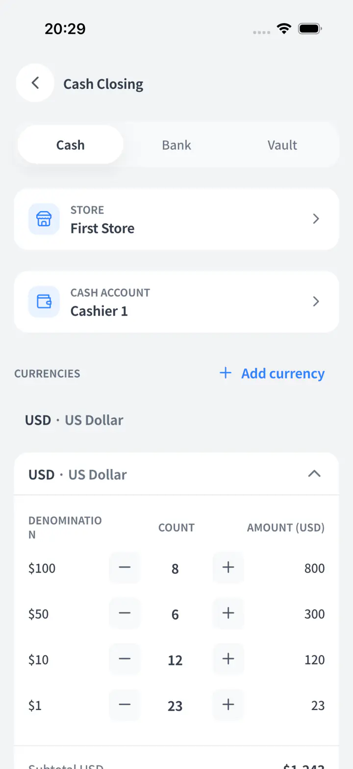 Counting notes by denomination with the subtotal adding itself up