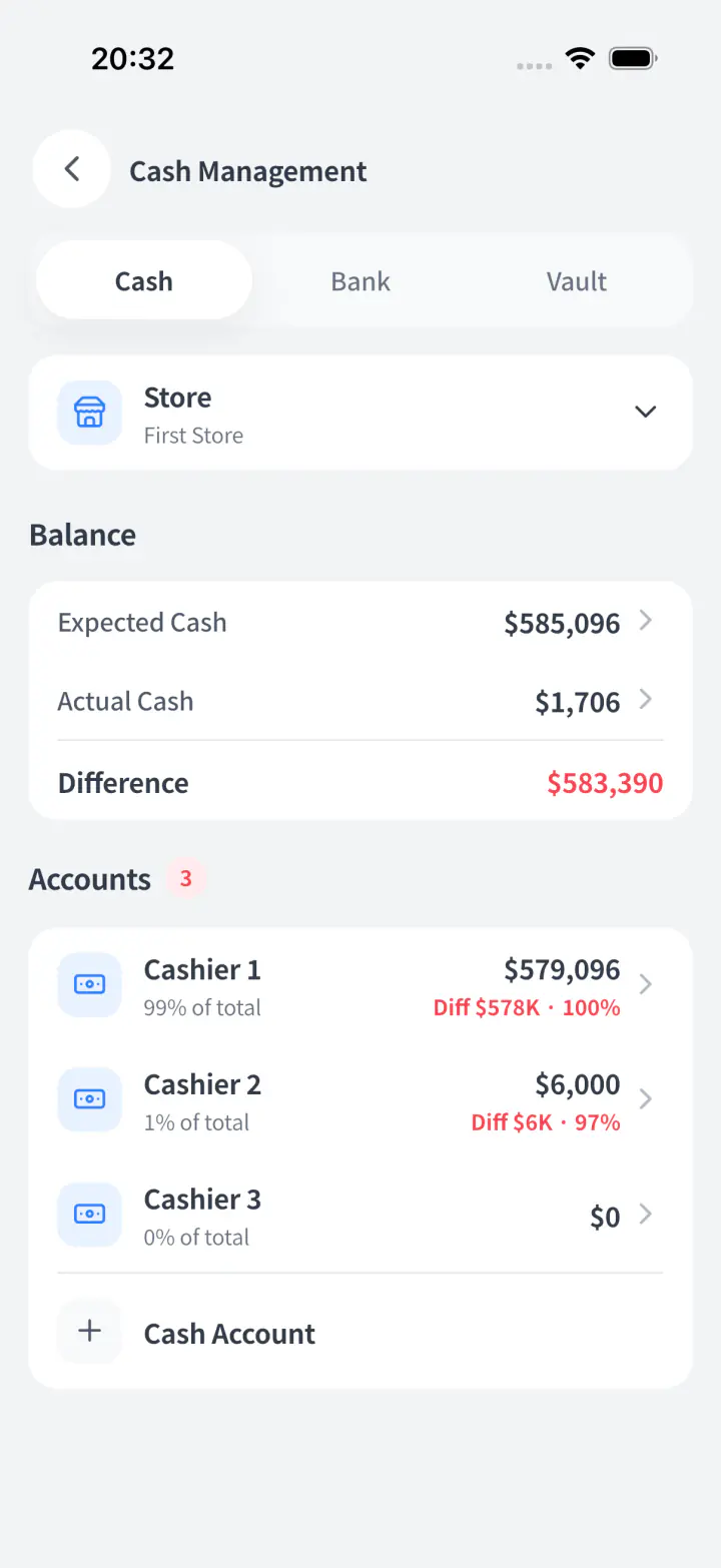 Cash management showing a red cash difference and recent finance activity