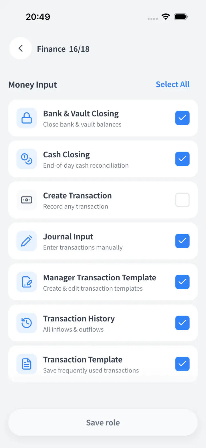 Role permissions controlling exactly which screens staff can open