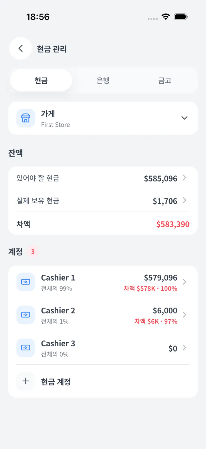 빨간 시재 차이와 최근 재무 활동을 보여주는 현금 관리 화면