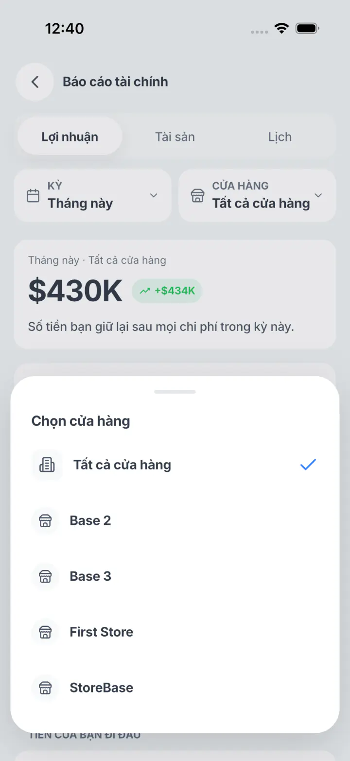 Lịch sử giao dịch nhà cung cấp có chi nhánh, người phụ trách và bút toán tài chính