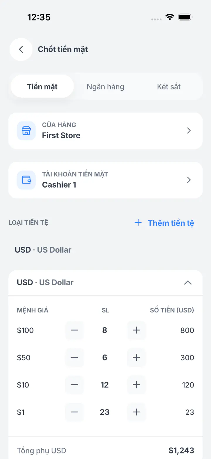 Đếm tiền theo từng mệnh giá, tổng tự cộng lên