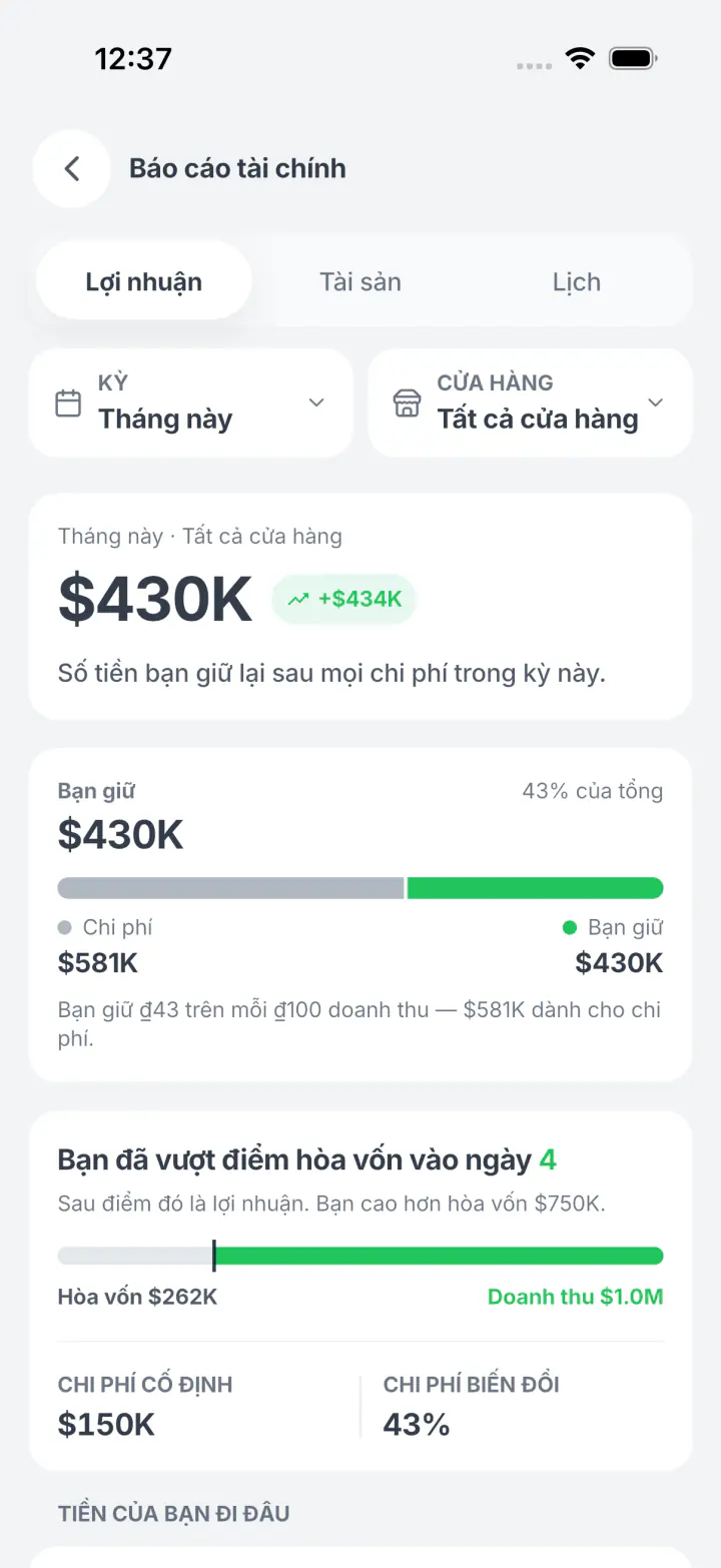 Tab Lợi nhuận cho thấy bạn giữ lại được bao nhiêu và lời bao nhiêu phần trăm